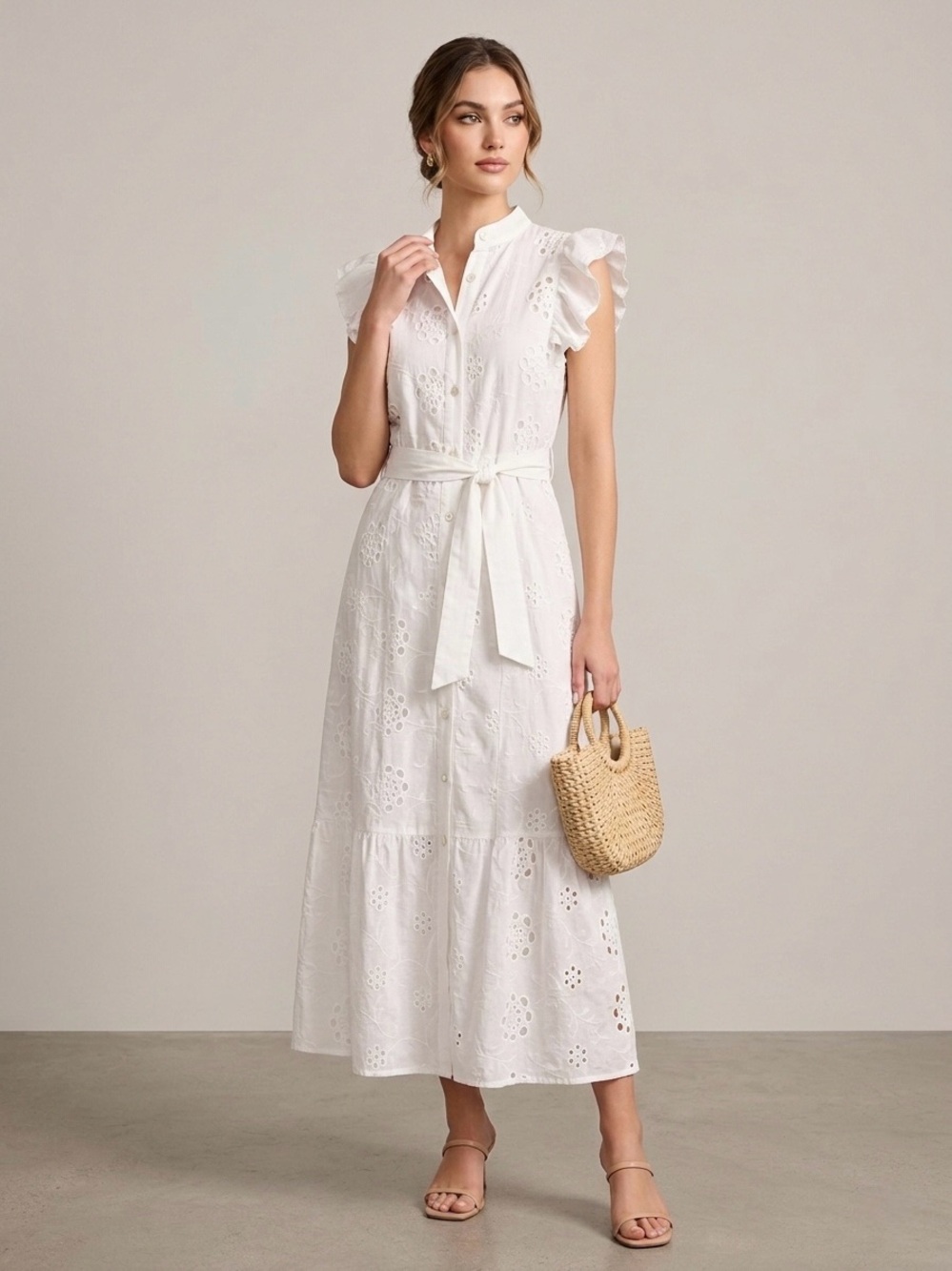 Cato - White Eyelet Tie-Waist Maxi Dress